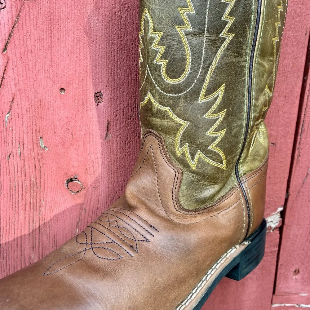 Old West Boots Boys Girls 1.5 D Brown Leather Square Toe Cowboy Western Boots